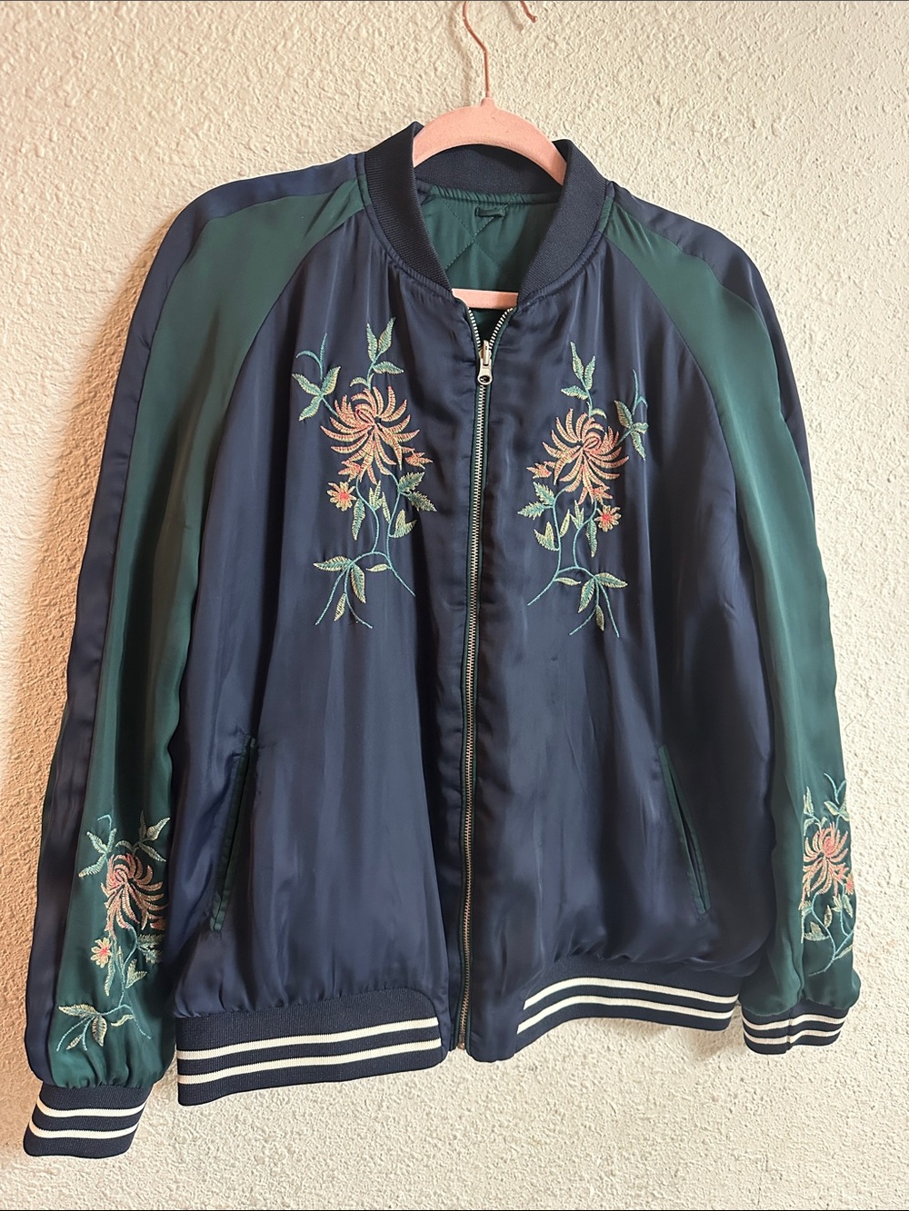 Zara Navy and Forest Green Satin Embroidered Bomber Jacket